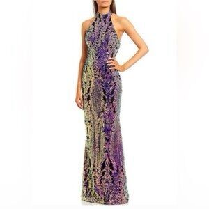 City Vibe Holographic Bedazzled Black Halter Maxi Dress Gown Sz 7